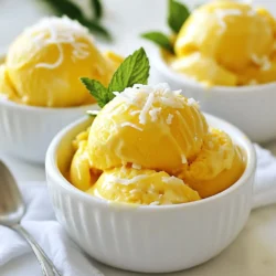 - 2 reife Mangos, geschält und gewürfelt - 1 Dose (400 ml) Kokosmilch - 1 Esslöffel Honig oder Ahornsirup - 1 Teelöffel Vanilleextrakt - Eine Prise Salz In unserem Rezept für Mango Coconut Nice Cream sind die Hauptzutaten sehr wichtig. Die Mangos bringen süßen Geschmack und eine tolle Farbe. Wählen Sie reife Mangos aus, sie müssen weich sein. Kokosmilch macht die Nice Cream cremig und reichhaltig. Honig oder Ahornsirup sorgt für die nötige Süße. Vanilleextrakt fügt ein schönes Aroma hinzu. Eine Prise Salz hebt die Aromen hervor und macht alles besser. - Geröstete Kokosraspel - Frische Minzblätter Die Garnituren sind optional, aber sie machen die Nice Cream noch besser. Geröstete Kokosraspel bringen einen extra Crunch. Sie geben auch einen tollen Kokosgeschmack. Frische Minzblätter sind eine erfrischende Ergänzung. Sie sehen schön aus und schmecken frisch. Diese Garnituren machen Ihr Dessert besonders und schick. {{ingredient_image_2}} Wie schält man Mangos richtig? Zuerst nimmst du eine reife Mango. Halte sie fest und schneide die Schale ab. Achte darauf, nicht zu viel Fruchtfleisch abzuschneiden. Danach schneidest du die Mango in Würfel. Halte die Stücke klein, damit sie besser püriert werden. Wie wählt man reife Mangos aus? Schau dir die Farbe an. Eine reife Mango ist oft gelb-orange. Sie sollte leicht drücken, aber nicht matschig sein. Wenn sie einen süßen Duft hat, ist sie bereit zum Essen. Jetzt geht es ans Pürieren! Gib die gewürfelten Mangos, Kokosmilch, Honig, Vanilleextrakt und eine Prise Salz in den Hochleistungsmixer. Püriere alles auf hoher Stufe. Die Mischung sollte glatt und cremig sein. Wenn nötig, kratze die Seiten des Mixbehälters ab. Möchtest du die Süße anpassen? Probiere die Mischung. Füge mehr Honig oder Ahornsirup hinzu, wenn du es süßer magst. Um die Nice Cream cremig zu halten, ist die richtige Technik wichtig. Gieße die Mischung in einen gefriergeeigneten Behälter. Lasse sie für etwa vier Stunden einfrieren. Rühre die Mischung in den ersten drei Stunden jede Stunde um. Das hilft, eine schöne, cremige Textur zu erhalten. Wenn du bereit bist zu servieren, lass die Nice Cream etwa fünf bis zehn Minuten bei Raumtemperatur stehen. So wird sie leichter portionierbar. Schöpfe sie in Schalen und garniere nach Belieben mit gerösteten Kokosraspeln und frischen Minzblättern. Die Wahl der richtigen Zutaten ist wichtig. Verwenden Sie reife Mangos für den besten Geschmack. Reife Mangos sind süß und saftig. Achten Sie darauf, dass die Mangos leicht nachgeben, wenn Sie sie drücken. Kokosmilch bringt die Cremigkeit. Achten Sie auf die Vollfett-Version für ein reichhaltigeres Ergebnis. Um die perfekte Konsistenz zu erreichen, pürieren Sie alles gut. Ein Hochleistungsmixer hilft dabei. Mischen Sie die Zutaten auf hoher Stufe, bis die Mischung glatt ist. Wenn nötig, kratzen Sie die Seiten ab, um alles zu vermengen. Frieren Sie die Mischung ein, aber rühren Sie sie in den ersten drei Stunden jede Stunde um. So bleibt sie cremig. Ein häufiges Missverständnis ist, dass Nice Cream immer weich bleibt. Wenn Sie es zu lange frieren, wird es hart. Das passiert, wenn die Mischung nicht oft genug umgerührt wird. Wenn die Nice Cream zu hart ist, lassen Sie sie 5-10 Minuten bei Raumtemperatur stehen. So wird sie leichter zu schöpfen. Ein weiterer Fehler ist, die Mischung nicht zu probieren. Passen Sie die Süße an, bevor Sie die Nice Cream einfrieren. Fügen Sie mehr Honig oder Ahornsirup hinzu, wenn nötig. So schmeckt es jedem besser. Pro Tipps Die richtige Mango wählen: Achten Sie darauf, dass die Mangos reif sind, um die Süße und den Geschmack zu maximieren. Sie sollten leicht nachgeben, wenn Sie sie sanft drücken. Kokosmilch Variationen: Verwenden Sie für eine reichhaltigere Textur die cremigste Kokosmilch. Für eine leichtere Variante können Sie auch die fettarme Version verwenden. Für extra Cremigkeit sorgen: Wenn Sie die Nice Cream nach dem Gefrieren servieren, rühren Sie sie während der ersten Stunden regelmäßig um, um eine cremige Konsistenz zu gewährleisten. Garnitur Ideen: Verleihen Sie Ihrer Nice Cream zusätzlichen Geschmack und Textur, indem Sie geröstete Kokosraspel und frische Minzblätter als Garnitur verwenden. {{image_4}} Du kannst deine Mango Coconut Nice Cream mit vielen anderen Früchten kombinieren. Hier sind einige Ideen: - Bananen: Sie machen die Nice Cream noch cremiger und süßer. - Ananas: Diese tropische Frucht bringt einen zusätzlichen Frischekick. - Erdbeeren: Sie fügen eine schöne Farbe und einen tollen Geschmack hinzu. - Kiwi: Diese Frucht gibt einen aufregenden sauren Kontrast. Die Kombinationen mit Beeren sind ebenfalls großartig. Himbeeren oder Blaubeeren passen gut zu Mango und Kokos. Sie machen die Nice Cream fruchtig und schön bunt. Die Süße deiner Nice Cream kannst du leicht anpassen. Ich empfehle, Honig oder Ahornsirup zu verwenden. Diese Süßungsmittel sind natürlich und lecker. Für eine kalorienbewusste Variante probiere Agavensirup oder Stevia. Diese Alternativen sind süß, aber kalorienärmer. Sie helfen dir, deine Nice Cream gesund zu halten, ohne auf Geschmack zu verzichten. Die richtige Aufbewahrung ist wichtig für die Qualität deiner Mango Coconut Nice Cream. Verwende am besten luftdichte Behälter. Diese schützen die Nice Cream vor Frostbrand. Glasbehälter oder hochwertige Plastikbehälter sind ideal. Du kannst auch Silikonformen verwenden. Sie lassen sich leicht herausnehmen und reinigen. Die Nice Cream bleibt bis zu zwei Wochen im Gefrierfach frisch. Achte darauf, dass der Behälter gut verschlossen ist. So bleibt der Geschmack lange erhalten. Wenn du die Nice Cream wieder einfrierst, gibt es ein paar Tipps. Rühre die Nice Cream alle 30 Minuten um, während sie gefriert. Das hilft, Kristalle zu vermeiden. So bleibt die Textur cremig und lecker. Falls du Reste übrig hast, kannst du sie für Smoothies verwenden. Einfach die gefrorene Nice Cream in den Mixer geben. So erhältst du einen fruchtigen, cremigen Smoothie. Du kannst auch ein paar Stücke in dein Müsli geben oder als Topping für Pancakes nutzen. Um Mango Coconut Nice Cream vegan zu machen, verwenden Sie pflanzliche Zutaten. Die Hauptzutaten sind reife Mangos und Kokosmilch. Kokosmilch ist von Natur aus vegan. Anstelle von Honig können Sie Ahornsirup nutzen. Dieser Süßstoff ist pflanzlich und passt gut zu den anderen Zutaten. So bleibt Ihre Nice Cream lecker und vegan. Ja, Sie können andere Milchsorten verwenden. Statt Kokosmilch probieren Sie Mandelmilch oder Sojamilch. Diese Alternativen geben der Nice Cream einen anderen Geschmack. Achten Sie darauf, ungesüßte Varianten zu wählen. So bleibt die Süße der Mangos im Vordergrund. Die Mango Coconut Nice Cream hat einige gesundheitliche Vorteile. Mangos sind reich an Vitaminen und Antioxidantien. Sie fördern die Verdauung und stärken das Immunsystem. Kokosmilch enthält gesunde Fette, die gut für die Haut sind. Diese Nice Cream ist eine gesunde und köstliche Wahl. Die Mango Coconut Nice Cream ist einfach zuzubereiten und erfrischend lecker. Wir haben die Hauptzutaten, die Zubereitung, Tipps zur perfekten Konsistenz und viele Varianten besprochen. Denke daran, die richtigen Früchte auszuwählen und die Süße nach deinem Geschmack anzupassen. Diese Nice Cream ist nicht nur köstlich, sondern auch gesund und kann leicht für verschiedene Diäten angepasst werden. Experimentiere mit neuen Aromen und genieße deine eigene cremige Kreation. So wird jedes Mal der Genuss groß sein!