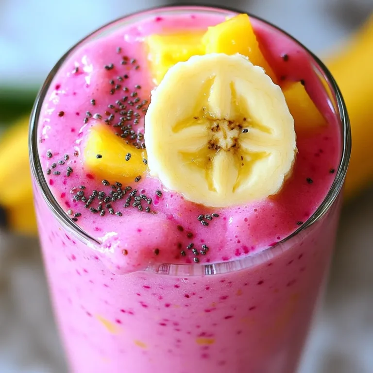 - Drachenfrucht: Wählen Sie eine reife Drachenfrucht. Sie sollte tief pink oder rot sein. Die Schale muss leicht nachgeben, wenn Sie darauf drücken. Reife Drachenfrucht hat einen süßen und milden Geschmack. - Banane: Die Banane sorgt für einen cremigen Smoothie. Sie bringt natürliche Süße mit. Eine reife Banane hat braune Flecken, was sie perfekt für diesen Smoothie macht. - Kokosmilch oder pflanzliche Milch: Kokosmilch gibt dem Smoothie einen tropischen Geschmack. Sie ist dick und cremig. Alternativ können Sie Mandel- oder Hafermilch verwenden. Diese sind leichter, aber auch lecker. - Gefrorene Ananas: Gefrorene Ananas macht den Smoothie kühl und erfrischend. Sie fügt auch einen süßen, saftigen Geschmack hinzu. Sie können frische Ananas verwenden, aber gefrorene sind praktisch und immer verfügbar. - Honig oder Agavensirup: Diese Süßungsmittel helfen, den Geschmack zu verbessern. Honig ist dickflüssig und hat einen starken Geschmack. Agavensirup ist flüssiger und milder. Wählen Sie, was Ihnen besser gefällt. - Chiasamen und Spinat: Chiasamen sind voll mit Nährstoffen. Sie fügen Ballaststoffe und Omega-3-Fette hinzu. Spinat gibt zusätzliche Vitamine. Er hat einen milden Geschmack und kann leicht versteckt werden. {{ingredient_image_2}} Um die Drachenfrucht richtig zu handhaben, schäle sie zuerst. Schneide die Frucht in zwei Hälften. Verwende einen Löffel, um das Fruchtfleisch herauszuholen. Würfle das Fruchtfleisch in kleine Stücke. Bereite nun die Banane vor. Schneide die Banane in Scheiben. Diese geben dem Smoothie eine süße Note. Messen Sie die Kokosmilch ab. Eine Tasse reicht für zwei Portionen. Nehmen Sie auch die gefrorenen Ananasstücke. Eine halbe Tasse bringt Frische und eine fruchtige Note. Gib alle vorbereiteten Zutaten in einen Mixer. Füge die Drachenfrucht, die Bananenscheiben, die Kokosmilch und die gefrorenen Ananasstücke hinzu. Wenn du einen starken Mixer hast, stelle ihn auf hohe Stufe. Mische die Zutaten, bis die Mischung glatt ist. Kratze die Seiten des Mixers ab, damit alles gut vermischt wird. Möchtest du einen dickeren Smoothie? Füge ein paar Eiswürfel hinzu. Mixe erneut, bis alles gut vermischt ist. Probiere die Mischung und passe sie nach deinem Geschmack an. Gieße den Smoothie in gekühlte Gläser. Um ihn ansprechend zu präsentieren, garniere ihn mit einer Scheibe Drachenfrucht oder ein paar Ananasstücken. Streue einige Chiasamen obenauf für das gewisse Etwas. Verwende bunte Strohhalme, um einen tropischen Flair zu schaffen. So wird dein Smoothie nicht nur lecker, sondern sieht auch toll aus! Um die beste Drachenfrucht zu finden, schauen Sie auf die Farbe. Sie sollte knallig pink oder gelb sein. Die Schale darf keine dunklen Flecken haben. Drücken Sie leicht auf die Frucht. Sie sollte sich weich anfühlen, aber nicht matschig sein. Lagern Sie die Drachenfrucht im Kühlschrank, wenn sie reif ist. So bleibt sie frisch. Drachenfrucht ist nicht nur für Smoothies gut. Sie können sie auch in Salaten oder Desserts verwenden. Probieren Sie sie in einem Obstsalat oder als Topping für Joghurt. Jeder hat unterschiedliche Vorlieben. Um den Geschmack Ihres Smoothies anzupassen, können Sie die Süße ändern. Fügen Sie mehr Honig oder Agavensirup hinzu, wenn Sie es süßer mögen. Wenn Sie es weniger süß möchten, lassen Sie die Süßstoffe weg. Sie können auch die Textur des Smoothies ändern. Fügen Sie mehr gefrorene Ananas hinzu, um ihn cremiger zu machen. Oder probieren Sie andere Früchte wie Mango oder Erdbeeren. Diese bringen neue, aufregende Geschmäcker. Um den Nährstoffgehalt zu erhöhen, fügen Sie Superfoods hinzu. Chiasamen sind eine gute Wahl. Sie sind reich an Ballaststoffen und Omega-3-Fettsäuren. Auch Spinat gibt Ihrem Smoothie einen Nährstoffschub. Er hat viele Vitamine und Mineralstoffe. Für eine ausgewogene Mischung wählen Sie verschiedene Zutaten. Kombinieren Sie Obst mit Gemüse, um mehr Nährstoffe zu erhalten. Zum Beispiel können Sie etwas Grünkohl oder Avocado hinzufügen. So bleibt Ihr Smoothie gesund und lecker. Pro Tipps Wählen Sie reife Früchte: Achten Sie darauf, dass die Drachenfrucht und die Banane reif sind, um den besten Geschmack und die beste Süße zu erzielen. Experimentieren Sie mit anderen Früchten: Fügen Sie andere tropische Früchte hinzu, wie Mango oder Papaya, um verschiedene Geschmacksrichtungen zu kreieren. Verwenden Sie gefrorenes Obst: Gefrorene Ananas oder Banane geben dem Smoothie eine cremige Textur und machen ihn erfrischend kühl. Gesunde Ergänzungen: Fügen Sie weitere Superfoods wie Spirulina oder Proteinpulver hinzu, um den Nährstoffgehalt des Smoothies zu erhöhen. {{image_4}} Für einen tropischen Drachenfrucht-Smoothie gibt es viele fruchtige Optionen. Du kannst Mango, Papaya oder sogar Kiwi hinzufügen. Diese Früchte bringen neue Aromen und Farben in deinen Smoothie. Ein weiterer toller Mix ist die Kombination von Drachenfrucht mit Erdbeeren und Ananas. Diese Mischung sorgt für einen süßen und fruchtigen Geschmack. Du kannst auch Limettensaft hinzufügen. Das gibt dem Smoothie einen frischen Kick. Die Flüssigkeit, die du wählst, macht viel aus. Du kannst Kokosmilch verwenden, aber auch Mandeldrink oder Hafermilch sind super Alternativen. Mit Mandeldrink wird der Smoothie nussig und leicht süß. Hafermilch gibt dem Drink eine cremige Konsistenz. Fruchtsäfte wie Ananassaft können ebenfalls verwendet werden. Das sorgt für eine fruchtigere Basis. Wenn du vegan lebst, ist dieser Smoothie perfekt für dich. Alle Zutaten sind pflanzlich. Du kannst den Honig durch Agavensirup ersetzen. Das macht den Smoothie vegan. Für glutenfreie Optionen achte darauf, dass deine Zutaten keine glutenhaltigen Stoffe enthalten. Die meisten Früchte und pflanzlichen Milchsorten sind glutenfrei. Du kannst auch glutenfreie Chiasamen verwenden. So bleibt dein Smoothie gesund und lecker! Um den Tropischen Drachenfrucht-Smoothie schnell zuzubereiten, bereiten Sie die Zutaten vor. Schneiden Sie die Drachenfrucht und die Banane im Voraus. Lagern Sie sie im Kühlschrank. Sie können auch Smoothie-Pakete herstellen. Dazu packen Sie die gewürfelte Drachenfrucht, die Bananenscheiben, gefrorene Ananas und Chiasamen in Gefrierbeutel. Diese Pakete bleiben frisch und sind einfach zu mixen. Wenn Sie Reste von Ihrem Smoothie haben, können Sie diese im Kühlschrank aufbewahren. Verwenden Sie einen luftdichten Behälter, um die Frische zu erhalten. Der Smoothie bleibt bis zu zwei Tage im Kühlschrank gut. Für längere Aufbewahrung können Sie ihn einfrieren. Gießen Sie den Smoothie in Eiswürfelformen. So haben Sie immer einen kühlen Snack. Haben Sie noch Drachenfrucht oder Banane übrig? Sie können diese in anderen Rezepten verwenden. Mixen Sie die Drachenfrucht in Joghurt oder verwenden Sie sie in Salaten. Die Banane eignet sich gut für Pfannkuchen oder Haferbrei. Chiasamen können Sie in Müslis oder Pudding einfügen. So nutzen Sie alle Zutaten und vermeiden Abfall. Drachenfrucht ist voller Nährstoffe. Sie hat viel Vitamin C, welches dein Immunsystem stärkt. Zudem enthält sie Ballaststoffe, die gut für die Verdauung sind. Diese Frucht hat auch Antioxidantien, die deine Zellen schützen. Das bedeutet, sie hilft, deinen Körper gesund zu halten. Ihr niedriges Kalorienprofil macht sie zu einem tollen Snack. Du kannst sie leicht in deine Diät einbauen. Ja, gefrorene Früchte sind eine gute Option. Sie sind oft reif und sehr süß. Gefrorene Ananas gibt deinem Smoothie einen tollen Geschmack. Außerdem sind sie leicht zu lagern und immer bereit zum Mixen. Ein Nachteil kann sein, dass sie eine andere Textur haben. Frische Früchte können cremiger sein. Es hängt also von deinem Geschmack ab. Der Smoothie bleibt frisch für etwa 1 bis 2 Tage im Kühlschrank. Du solltest ihn in einem luftdichten Behälter aufbewahren. Nach ein paar Stunden kann er jedoch dicker werden. Das liegt daran, dass die Zutaten sich setzen. Wenn du ihn dicker magst, kannst du ihn einfach umrühren. Aber frisch schmeckt er am besten! Ja, dieser Smoothie ist vegan. Alle Zutaten sind pflanzlich. Du verwendest Drachenfrucht, Banane und Kokosmilch. Auch der Honig kann durch Agavensirup ersetzt werden. So bleibt der Smoothie rein pflanzlich. Wenn du auf tierische Produkte achtest, ist dies eine tolle Wahl. Zusammenfassend haben wir die Zutaten für den tropischen Drachenfrucht-Smoothie durchgenommen. Drachenfrucht, Banane und Kokosmilch sind die Hauptbestandteile. Zusätzliche Zutaten wie gefrorene Ananas und Chiasamen bringen mehr Nährstoffe. Die Schritt-für-Schritt-Anleitung hilft Ihnen beim Mixen. Ein paar Tipps können den Geschmack und die Nährstoffaufnahme verbessern. Experimentieren Sie mit Variationen, um Ihren perfekten Smoothie zu finden. Jetzt sind Sie bereit, Ihren eigenen fruchtigen Genuss zu kreieren!