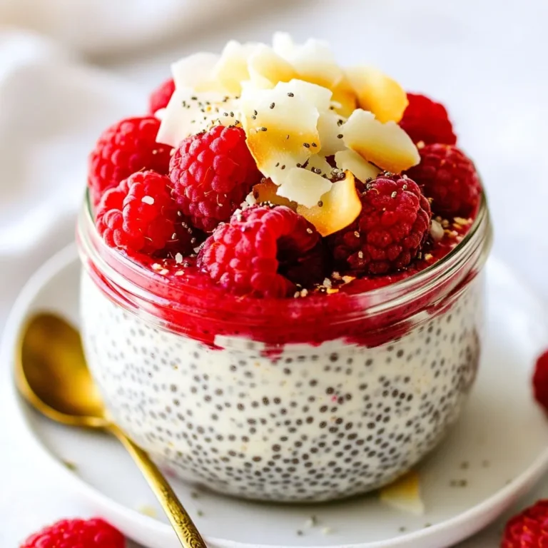 Für diesen leckeren Kokos Himbeere Chia Pudding brauchst du: - 1 Tasse Kokosmilch (aus der Dose oder im Karton) - 1/2 Tasse Mandelmilch (oder eine Milch deiner Wahl) - 1/4 Tasse Chiasamen - 2 Esslöffel Ahornsirup (oder Honig) - 1 Teelöffel Vanilleextrakt - 1 Tasse frische Himbeeren (plus extra zur Garnierung) - Eine Prise Salz - Geröstete Kokosnussflocken (zum Bestreuen, optional) Diese Zutaten sind einfach zu finden. Sie bringen den frischen Geschmack von Kokos und Himbeeren zusammen. Chiasamen geben dem Pudding die perfekte Konsistenz und sind auch gesund. Ich empfehle, Kokosmilch und Mandelmilch zu kombinieren. Kokosmilch gibt viel Geschmack. Sie macht den Pudding cremig. Mandelmilch ist leicht und hat einen milden Geschmack. Du kannst aber auch andere Pflanzenmilch verwenden, wie Hafer- oder Sojamilch. Wenn du Kuhmilch magst, kannst du auch Vollmilch nehmen. Achte darauf, dass die Milch ungesüßt ist, um die Kontrolle über die Süße zu behalten. Für die Süße kannst du Ahornsirup oder Honig nutzen. Ahornsirup hat einen reichen, karamellartigen Geschmack. Er passt gut zu Kokos und Himbeeren. Wenn du Honig verwendest, achte darauf, dass er flüssig ist. Honig hat einen blumigen Geschmack und ist ebenfalls süß. Beide Optionen sind gut. Wähle die, die dir besser gefällt. Du kannst die Menge anpassen, je nachdem, wie süß du deinen Pudding magst. {{ingredient_image_2}} Beginne mit einer Rührschüssel. Gib 1 Tasse Kokosmilch und 1/2 Tasse Mandelmilch hinein. Du kannst auch jede andere Milch verwenden, die du magst. Füge 2 Esslöffel Ahornsirup und 1 Teelöffel Vanilleextrakt hinzu. Gib eine Prise Salz dazu. Rühre alles gut mit einem Schneebesen. Achte darauf, dass die Mischung gleichmäßig ist. Jetzt kommt der spannende Teil. Füge 1/4 Tasse Chiasamen zur Mischung hinzu. Rühre sie gründlich unter. Die Chiasamen saugen sich mit der Flüssigkeit voll. Dadurch wird der Pudding dick und cremig. Stelle sicher, dass die Samen gleichmäßig verteilt sind, damit es keine Klumpen gibt. Jetzt ist es Zeit für die Himbeeren. Nimm 1 Tasse frische Himbeeren und füge sie vorsichtig hinzu. Achte darauf, die Himbeeren nicht zu zerdrücken. Sie geben dem Pudding einen fruchtigen Geschmack. Danach decke die Schüssel mit Frischhaltefolie ab oder fülle die Mischung in Gläser. Stelle die Gläser für mindestens 4 Stunden oder über Nacht in den Kühlschrank. So quellen die Chiasamen auf und der Pudding wird perfekt. Um die perfekte Konsistenz für deinen Kokos Himbeere Chia Pudding zu erreichen, ist es wichtig, die Chiasamen gut mit der Flüssigkeit zu vermischen. Die Samen saugen sich mit der Flüssigkeit voll. Rühre sie gut unter, um Klumpen zu vermeiden. Du willst eine dicke, gelartige Textur. Wenn der Pudding nach dem Kühlen zu dünn ist, füge einfach mehr Chiasamen hinzu und lasse ihn länger stehen. Der ideale Kühlzeitraum beträgt mindestens vier Stunden, besser über Nacht. So können die Chiasamen gut quellen. Decke die Schüssel mit Frischhaltefolie ab oder fülle die Mischung in Gläser. Das schützt den Pudding vor Gerüchen im Kühlschrank. Wenn du keinen Deckel hast, benutze ein sauberes Geschirrtuch. Die Süße deines Puddings kannst du leicht anpassen. Beginne mit zwei Esslöffeln Ahornsirup oder Honig. Nach dem Kühlen kannst du mehr hinzufügen, wenn du es süßer magst. Probiere es einfach aus. Wenn du eine weniger süße Option willst, lasse den Sirup ganz weg oder nutze eine kleine Menge. Pro Tipps Frische Himbeeren: Verwenden Sie frische Himbeeren für den besten Geschmack und die beste Textur. Gefrorene Himbeeren können zu viel Flüssigkeit abgeben. Kühlen über Nacht: Wenn möglich, lassen Sie den Pudding über Nacht im Kühlschrank, damit die Chiasamen optimal aufquellen und die Konsistenz perfekt wird. Variationen: Experimentieren Sie mit verschiedenen Beeren oder Früchten wie Blaubeeren oder Erdbeeren für neue Geschmacksrichtungen. Rösten der Kokosnussflocken: Wenn Sie Kokosnussflocken verwenden, rösten Sie sie leicht in einer Pfanne, um ihren Geschmack zu intensivieren und eine knusprige Textur zu erzielen. {{image_4}} Wenn du Abwechslung magst, probiere andere Beeren. Erdbeeren, Heidelbeeren oder Brombeeren passen gut. Diese Früchte geben dem Pudding frische Farben und neue Geschmäcker. Du kannst sie ganz oder in Stücke schneiden. Füge sie einfach während der Zubereitung hinzu. Das macht deinen Pudding noch besser! Neben Vanille kannst du auch andere Aromen nutzen. Zimt oder Kokosraspel verleihen dem Pudding eine besondere Note. Wenn du etwas Exotisches möchtest, teste etwas Ingwer. Diese Aromen machen deinen Pudding aufregend und lecker. Ein bisschen Kreativität kann viel bewirken! Dieses Rezept ist bereits vegan und glutenfrei. Wenn du das noch verbessern möchtest, achte auf die Zutaten. Verwende eine pflanzliche Milch, die du magst, wie Hafer- oder Sojamilch. Ahornsirup ist eine tolle Wahl als Süßungsmittel. So bleibt der Pudding für alle geeignet. Genieße ihn ohne Sorgen! Um den Kokos Himbeere Chia Pudding frisch zu halten, ist die richtige Lagerung wichtig. Verwenden Sie einen luftdichten Behälter, um den Pudding aufzubewahren. Das schützt ihn vor Luft und Gerüchen. Stellen Sie sicher, dass der Pudding gut abgedeckt ist. So bleibt der Geschmack auch nach ein paar Tagen erhalten. Im Kühlschrank hält der Pudding bis zu fünf Tage. Nach dieser Zeit kann die Textur und der Geschmack leiden. Prüfen Sie den Pudding vor dem Essen. Wenn er unangenehm riecht oder eine schleimige Konsistenz hat, werfen Sie ihn weg. Es ist besser, auf Nummer sicher zu gehen. Sie können den Kokos Himbeere Chia Pudding auch einfrieren. Füllen Sie den Pudding in gefriergeeignete Behälter. Lassen Sie etwas Platz, da der Pudding beim Gefrieren expandiert. Er bleibt bis zu drei Monate frisch im Gefrierschrank. Um ihn zu genießen, nehmen Sie den Pudding einfach heraus und lassen Sie ihn im Kühlschrank auftauen. Rühren Sie ihn gut um, bevor Sie ihn servieren. Chiasamen sind sehr gesund. Sie sind reich an Ballaststoffen, Proteinen und Omega-3-Fettsäuren. Diese Samen unterstützen die Verdauung und fördern das Herz-Kreislauf-System. Eine kleine Menge reicht oft aus, um viele Nährstoffe zu bekommen. Sie können auch helfen, den Blutzuckerspiegel zu regulieren. Ja, du kannst diesen Pudding im Voraus machen. Er sollte mindestens vier Stunden im Kühlschrank stehen. Am besten über Nacht zubereiten. So haben die Chiasamen genug Zeit, um zu quellen. Das macht die Zubereitung einfach und schnell. Du kannst den Pudding dann am Morgen genießen oder für später aufbewahren. Viele Früchte passen gut zu diesem Pudding. Du kannst Erdbeeren, Blaubeeren oder Mango verwenden. Auch Kiwi und Pfirsich sind lecker. Diese Früchte bringen frische Aromen und Farben. Du kannst sogar eine Mischung aus verschiedenen Früchten ausprobieren. So wird der Pudding noch spannender und leckerer. Der Kokos-Himbeere-Chia-Pudding ist einfach und köstlich. Wir haben die besten Zutaten, zwei Milchsorten und ideale Süßungsmethoden besprochen. Die Schritt-für-Schritt-Anleitung hilft, die perfekte Konsistenz zu erreichen. Sie können auch tolle Variationen ausprobieren und den Pudding optimal lagern. Chiasamen bieten viele gesundheitliche Vorteile, und das Rezept lässt sich gut vorbereiten. Experimentieren Sie mit verschiedenen Früchten für Geschmack und Vielfalt. Dieser Pudding ist nicht nur lecker, sondern auch gesund und einfach zu machen. Genießen Sie das Experimentieren in Ihrer Küche!