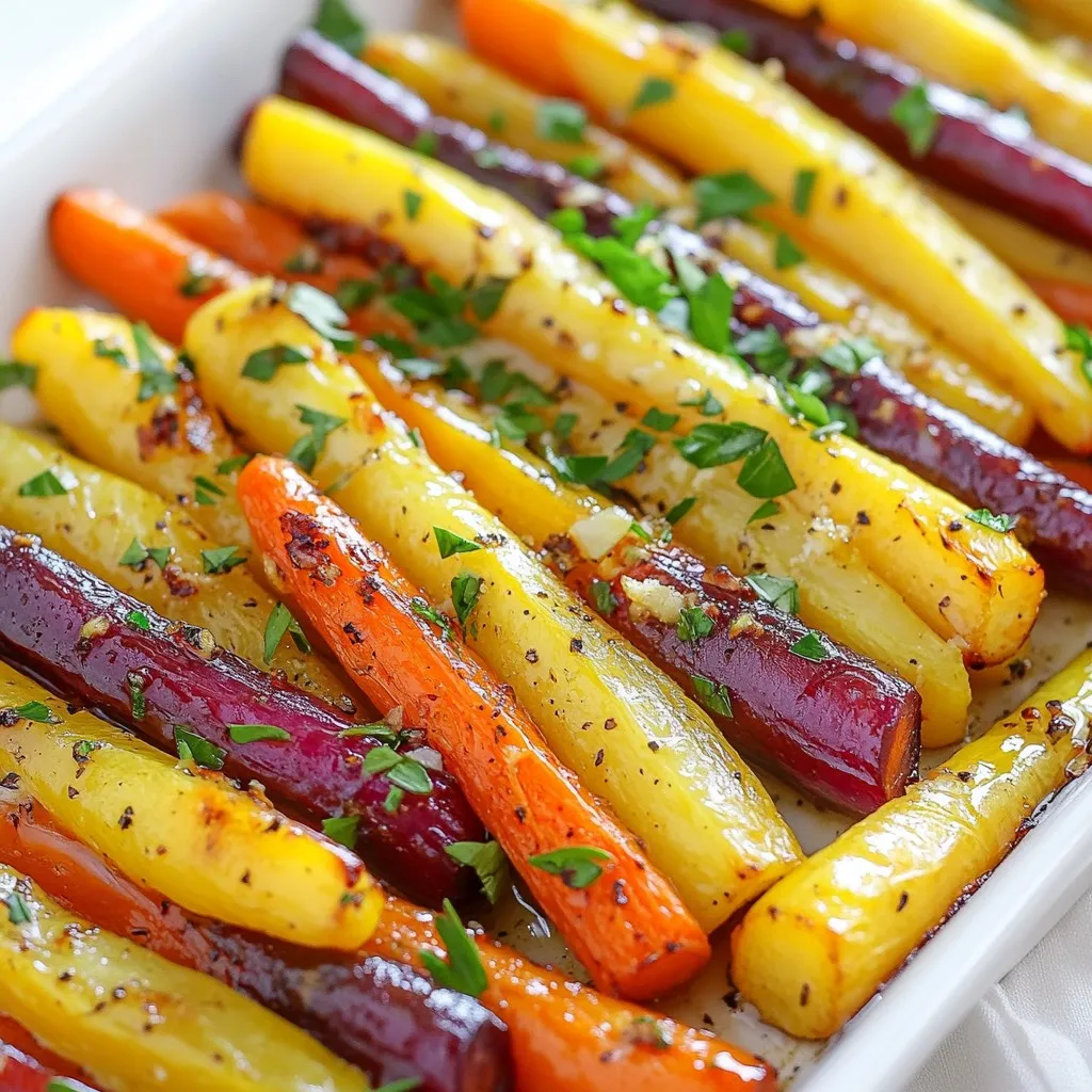 Für dieses Gericht brauchst du frische und bunte Regenbogenkarotten. Hier sind die Hauptzutaten: - 1 Bund Regenbogenkarotten (ca. 450 g), geschält und in gleich große Stücke geschnitten - 3 Esslöffel ungesalzene Butter - 4 Knoblauchzehen, fein gehackt Diese Zutaten bringen Farbe und Geschmack auf deinen Teller. Die Gewürze und Aromen machen das Gericht besonders lecker. Hier sind die weiteren Zutaten: - 1 Esslöffel frische Thymianblätter (alternativ 1 Teelöffel getrockneter Thymian) - 1 Esslöffel Honig - Salz und Pfeffer nach Geschmack - Schale von 1 Zitrone Thymian gibt den Karotten einen tollen Duft. Der Honig sorgt für eine süße Note. Um das Gericht schön zu präsentieren, verwende frische Kräuter. Hier ist, was du brauchst: - Frische Petersilie, gehackt (zum Garnieren) Die gehackte Petersilie bringt Farbe und einen frischen Geschmack. Du kannst die Röstkarotten auf einem schönen Platter anrichten. So sieht alles noch besser aus! {{ingredient_image_2}} Heize deinen Ofen auf 200°C vor. Das ist wichtig für das Rösten. Nimm ein Backblech und lege es mit Backpapier aus. So bleibt es sauber und die Karotten kleben nicht fest. Nimm einen kleinen Topf und füge die ungesalzene Butter hinzu. Stelle den Topf auf mittlere Hitze. Lass die Butter schmelzen, aber achte darauf, dass sie nicht braun wird. Füge dann die fein gehackten Knoblauchzehen hinzu. Brate sie für 1-2 Minuten an. Der Duft wird köstlich sein! Nimm den Topf vom Herd. Jetzt rühre frische Thymianblätter, Honig, Zitronenschale, Salz und Pfeffer ein. Nimm eine große Schüssel und gib die geschnittenen Regenbogenkarotten hinein. Gieße die Knoblauchbuttermischung über die Karotten. Mische alles gut, damit jede Karotte die Butter berührt. Lege die Karotten gleichmäßig auf das Backblech. Achte darauf, dass sie in einer einzigen Schicht liegen. Das hilft beim Rösten. Stelle das Blech in den Ofen und röste die Karotten für etwa 25-30 Minuten. Rühre einmal um, damit sie gleichmäßig garen. Sobald die Karotten zart und leicht karamellisiert sind, nimm das Blech aus dem Ofen. Bestreue die Karotten mit frisch gehackter Petersilie. Das gibt einen schönen Farbkontrast. Serviere sie auf einem hübschen Platter. Du kannst die restliche Knoblauchbutter vom Blech darüber träufeln. Für einen extra Kick füge mehr frische Thymianblätter oder Zitronenschale hinzu. Um die besten Röstkarotten zu erzielen, ist die richtige Ofentemperatur wichtig. Heize deinen Ofen auf 200°C vor. Diese Hitze hilft den Karotten, außen knusprig und innen zart zu werden. Lege ein Backblech mit Backpapier aus. Das macht die Reinigung leicht und verhindert, dass die Karotten ankleben. Achte darauf, dass die Karotten in einer einzigen Schicht liegen. So rösten sie gleichmäßig. Du kannst die Aromen leicht anpassen. Probiere verschiedene Kräuter wie Rosmarin oder Oregano. Diese geben den Karotten eine neue Note. Für etwas Schärfe füge eine Prise Paprika hinzu. Wenn du es süßer magst, verwende mehr Honig. Experimentiere mit der Menge von Salz und Pfeffer, um den perfekten Geschmack zu finden. Ein häufiger Fehler ist es, die Karotten zu überfüllen. Dies führt zu ungleichmäßiger Röstung. Achte darauf, dass du genug Platz auf dem Blech lässt. Ein anderer Fehler ist das Überrösten. Behalte die Karotten im Auge, besonders in der letzten Minute. Wenn sie zu dunkel werden, sind sie bitter. Rühre die Karotten einmal während des Röstens um, damit sie gleichmäßig garen. Pro Tipps Die perfekte Rösttemperatur: Stellen Sie sicher, dass Ihr Ofen gut vorgeheizt ist, um eine gleichmäßige Röstung und Karamellisierung der Karotten zu erreichen. Vielfalt der Aromen: Experimentieren Sie mit verschiedenen Kräutern wie Rosmarin oder Oregano, um den Geschmack der Karotten zu variieren. Knoblauch nicht überbraten: Achten Sie darauf, den Knoblauch nur kurz zu braten, damit er nicht bitter wird. Er sollte aromatisch, aber nicht braun sein. Frische Zutaten: Verwenden Sie frische Thymianblätter und hochwertige Butter, um den Geschmack Ihrer Röstkarotten zu optimieren. {{image_4}} Eine tolle Variation ist, andere Gemüse zu den Röstkarotten hinzuzufügen. Zum Beispiel passen Pastinaken, Zucchini oder rote Zwiebeln gut dazu. Diese Gemüse haben ähnliche Garzeiten und bringen neue Aromen. Schneide sie in gleich große Stücke wie die Karotten. So garen sie gleichmäßig und werden lecker. Wenn du eine vegane Option suchst, kannst du die Butter durch pflanzliche Alternativen ersetzen. Kokosöl oder vegane Butter sind gute Optionen. Beide bringen einen feinen Geschmack. Achte darauf, dass die Alternativen ungesalzen sind, damit du die Kontrolle über das Salz behältst. Das Rezept lässt viel Raum für Kreativität mit Gewürzen. Probiere zum Beispiel geräucherten Paprika oder Kreuzkümmel. Diese Gewürze geben den Karotten einen besonderen Kick. Wenn du es scharf magst, füge etwas Cayennepfeffer hinzu. Experimentiere mit deinen Lieblingsgewürzen, um neue Geschmäcker zu entdecken. Wenn Sie Röstkarotten übrig haben, lassen Sie sie zuerst abkühlen. Dann legen Sie sie in einen luftdichten Behälter. So bleiben sie frisch. Im Kühlschrank sind sie bis zu drei Tage haltbar. Achten Sie darauf, die Karotten nicht zu stapeln. Dies verhindert, dass sie matschig werden. Wenn Sie die Röstkarotten länger aufbewahren möchten, können Sie sie einfrieren. Lassen Sie die Karotten zuerst ganz abkühlen. Legen Sie sie dann in einen Gefrierbeutel. Drücken Sie die Luft heraus und verschließen Sie den Beutel gut. Im Gefrierfach halten sie bis zu drei Monate. Zum Auftauen legen Sie die Karotten einfach über Nacht in den Kühlschrank. Um die Röstkarotten wieder warm zu machen, heizen Sie den Ofen auf 180°C vor. Legen Sie die Karotten auf ein Backblech. Erhitzen Sie sie etwa 10-15 Minuten, bis sie heiß sind. So bleiben sie knusprig. Sie können auch die Mikrowelle verwenden, aber die Karotten werden weicher. Genießen Sie sie frisch aus dem Ofen! Das Rösten von Karotten dauert etwa 25 bis 30 Minuten. Ich empfehle, die Karotten nach der Hälfte der Zeit einmal umzurühren. So garen sie gleichmäßig. Die Karotten sind fertig, wenn sie zart sind und leicht karamellisiert aussehen. Ja, du kannst frische Knoblauchbutter zubereiten und aufbewahren. Stelle sie in einem verschlossenen Behälter im Kühlschrank auf. Sie bleibt dort etwa eine Woche frisch. Für längere Haltbarkeit kannst du die Knoblauchbutter auch einfrieren. So hast du immer eine leckere Zutat bereit. Geröstete Karotten passen gut zu vielen Gerichten. Sie sind eine tolle Beilage zu gebratenem Hähnchen oder Lamm. Auch zu einem frischen Salat oder Reisgerichten sind sie lecker. Du kannst sie auch zu einer herzhaften Quiche servieren. Das Rezept für Knoblauchbutter-Röstkarotten bietet eine einfache, köstliche Beilage. Wir haben die Hauptzutaten, Gewürze und Garnituren besprochen. Die Schritt-für-Schritt-Anleitung macht das Zubereiten leicht. Tipps helfen, häufige Fehler zu vermeiden. Variationen bringen neue Geschmäcker ins Spiel, und Lagerungshinweise zeigen, wie du Reste sinnvoll nutzen kannst. Röstkarotten sind vielseitig und schmecken immer gut. Probiere es aus, genieße die Aromen und teile das Ergebnis!
