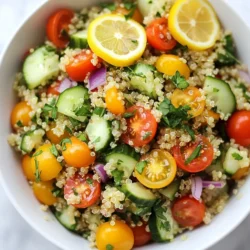 - 1 Tasse Quinoa, gut abgespült - 2 Tassen Gemüsebrühe - Saft und Abrieb von 1 Zitrone Quinoa ist die Basis dieses Rezepts. Sie hat eine nussige Note und viel Protein. Wir kochen die Quinoa in Gemüsebrühe, um den Geschmack zu verstärken. Der Zitronensaft und der Abrieb sorgen für Frische und eine angenehme Säure. - 1 Tasse Kirschtomaten, halbiert - 1/2 Gurke, gewürfelt - 1/4 Tasse rote Zwiebel, fein gehackt Kirschtomaten bringen Süße und Farbe in das Gericht. Die Gurke sorgt für Knackigkeit und Frische. Rote Zwiebel fügt einen milden Zwiebelgeschmack hinzu und macht den Salat lebendig. - 1/4 Tasse frische Petersilie, gehackt - 1/4 Tasse frische Minze, gehackt - Salz und Pfeffer nach Geschmack Petersilie ist klassisch und gibt einen frischen Geschmack. Die Minze bringt eine unerwartete, kühlende Note, die perfekt zu Zitrone passt. Salz und Pfeffer bringen die Aromen zusammen und machen den Salat würzig und lecker. {{ingredient_image_2}} - Schritt 1: Gib die abgespülte Quinoa und die Gemüsebrühe in einen Topf. - Schritt 2: Setze den Topf auf den Herd und bringe die Mischung zum Kochen. Reduziere die Hitze auf niedrig und decke den Topf ab. Lass die Quinoa 15 Minuten köcheln. Sie ist fertig, wenn sie fluffig ist und die Flüssigkeit aufgesogen hat. - Schritt 3: Während die Quinoa kocht, nimm eine kleine Schüssel. Vermische dort den Zitronensaft, den Zitronenabrieb, das Olivenöl, das Knoblauchpulver, Salz und Pfeffer. Rühre gut um und stelle die Vinaigrette beiseite. - Schritt 4: Wenn die Quinoa fertig ist, nimm den Topf vom Herd. Lass die Quinoa mit Deckel fünf Minuten ruhen. Danach lockere sie vorsichtig mit einer Gabel auf. - Schritt 5: In einer großen Schüssel kombinierst du die Quinoa mit Kirschtomaten, Gurke, roter Zwiebel, frischer Petersilie und frischer Minze. Gieße die Vinaigrette über den Quinoa-Salat und vermenge alles vorsichtig. Damit hast du ein frisches und gesundes Gericht, das lecker aussieht und schmeckt. Um die Quinoa richtig abzuspalten, spüle sie immer gut ab. Das entfernt Bitterstoffe. Nutze ein feines Sieb und kaltes Wasser. Spüle die Quinoa für etwa 2-3 Minuten. So schmeckt sie besser. Die optimale Kochzeit für Quinoa beträgt 15 Minuten. Lass die Mischung kochen und dann die Hitze reduzieren. Decke den Topf ab, damit die Quinoa fluffig wird. Nach dem Kochen lass sie 5 Minuten ruhen. Das macht sie noch lockerer. Um mehr Geschmack zu bekommen, füge zusätzliche Zutaten hinzu. Du kannst Feta-Käse oder Avocado verwenden. Beide bringen tolle Aromen in dein Gericht. Für eine würzige Note, probiere geröstete Nüsse oder Samen. Wenn du vegan oder glutenfrei kochen willst, ist Quinoa ideal. Sie enthält kein Gluten und ist sehr nahrhaft. Du kannst auch verschiedene Kräuter verwenden, wie Basilikum oder Koriander. Diese geben eine neue Geschmacksrichtung. Präsentation ist wichtig. Serviere den Quinoa-Salat in einer großen Schüssel. Garniere ihn mit Zitronenscheiben und frischen Kräutern. Für eine schicke Note kannst du den Salat in einzelnen Schalen anrichten. Lege einige Salatblätter hinein. Das sieht nicht nur gut aus, sondern schmeckt auch frisch. Pro Tipps Quinoa richtig kochen: Achte darauf, die Quinoa gut abzuspülen, um die Bitterstoffe zu entfernen. Dies sorgt für einen besseren Geschmack und eine angenehmere Textur. Frische Zutaten verwenden: Verwende frische Kräuter und Gemüse, um den Geschmack deines Salats zu intensivieren. Frische Zutaten machen einen erheblichen Unterschied in der Gesamtqualität des Gerichts. Vinaigrette anpassen: Experimentiere mit verschiedenen Kräutern und Gewürzen in der Vinaigrette, um den Geschmack nach deinem persönlichen Geschmack anzupassen. Ein Spritzer Honig kann auch eine süße Note hinzufügen. Den Salat kalt servieren: Lasse den Quinoa-Salat vor dem Servieren etwas abkühlen oder sogar im Kühlschrank durchziehen. Das verbessert die Aromen und macht den Salat erfrischender. {{image_4}} Um deinen Lemon Herb Quinoa noch besser zu machen, kannst du einige Extras hinzufügen. Probiere Avocado oder Feta Käse für einen cremigen Geschmack. Sie geben dem Gericht eine tolle Textur. Nüsse oder Samen bringen einen knackigen Crunch. Mandeln oder Sonnenblumenkerne sind gute Optionen. Sie machen deinen Salat noch spannender. Du kannst die Aromen ganz leicht ändern. Verwende andere Zitrusfrüchte wie Limetten oder Orangen. Das bringt neue Frische. Auch andere Kräuter oder Gewürze sind möglich. Basilikum oder Koriander geben eine andere Note. Experimentiere mit Knoblauch oder Chili für mehr Würze. Lemon Herb Quinoa passt gut zu vielen Hauptgerichten. Du kannst ihn zu gegrilltem Hähnchen oder Fisch servieren. Auch Gemüsegerichte sind eine gute Wahl. Probiere ihn mit einer bunten Gemüsepasta oder als Beilage zu Tacos. So wird deine Mahlzeit abwechslungsreich und lecker. - Haltbarkeit: Gekochte Quinoa hält sich im Kühlschrank etwa 3 bis 5 Tage. - Tipps zur Frischebewahrung: Bewahre die Quinoa in einem luftdichten Behälter auf. So bleibt sie frisch und lecker. Achte darauf, dass die Quinoa gut abgekühlt ist, bevor du sie in den Kühlschrank stellst. - Wie man Quinoa richtig einfriert: Um Quinoa einzufrieren, lasse sie zuerst vollständig abkühlen. Fülle die Quinoa in einen Gefrierbeutel. Drücke die Luft heraus und verschließe den Beutel gut. Du kannst die Quinoa auch in Portionen einfrieren, um sie später einfacher zu verwenden. - Auftauen und Verwendung: Zum Auftauen lege die Quinoa einfach in den Kühlschrank für einige Stunden oder über Nacht. Du kannst sie auch in der Mikrowelle erwärmen. Füge etwas Wasser hinzu, damit sie nicht austrocknet. - Neues Gericht aus Resten zubereiten: Verwandle die Reste in einen leckeren Auflauf. Mische die Quinoa mit Gemüse, Käse und etwas Sahne. Backe alles im Ofen, bis es goldbraun ist. - Vorspeisenideen: Verwende die Quinoa-Reste für kleine Häppchen. Mische sie mit schwarzem Bohnen und Gewürzen. Forme kleine Bällchen und brate sie in einer Pfanne. So hast du gesunde Snacks für deine Gäste. Gekochte Quinoa hält sich gut im Kühlschrank. Du kannst sie bis zu fünf Tage aufbewahren. Packe sie in einen luftdichten Behälter. So bleibt sie frisch und lecker. Wenn du länger aufbewahren möchtest, friere die Quinoa ein. Hierbei bleibt sie bis zu drei Monate haltbar. Ja, Quinoa ist glutenfrei. Das macht sie ideal für Menschen mit Glutenunverträglichkeit. Quinoa ist eine tolle Alternative zu Weizen und anderen glutenhaltigen Getreiden. Sie hat auch eine hohe Nährstoffdichte. Ja, du kannst die Zitrone ersetzen. Limetten oder Orangen passen auch gut. Diese Früchte geben deinem Quinoa-Gericht eine andere, aber leckere Note. Experimentiere mit verschiedenen Zitrusfrüchten für neue Geschmäcker. Quinoa ist sehr gesund. Sie hat mehr Protein als viele andere Getreidearten. Außerdem enthält sie viele Ballaststoffe, Vitamine und Mineralien. Quinoa hat auch gesunde Fette und wenig Zucker. Diese Vorteile machen sie zu einer großartigen Wahl für eine ausgewogene Ernährung. Du hast viel über die Zubereitung von Quinoa gelernt. Wir haben die Hauptzutaten, frische Zutaten und Kräuter besprochen. Die Schritt-für-Schritt-Anleitung zeigt dir, wie du Quinoa perfekt zubereitest. Tipps helfen dir, Variationen anzupassen und das Gericht schön anzurichten. Quinoa ist nicht nur gesund, sondern auch vielseitig. Nutze die Lagerungstipps, um dein Gericht frisch zu halten. Mit diesen Informationen kannst du Quinoa sicher genießen. Probiere verschiedene Kombinationen aus. Viel Spaß beim Kochen!