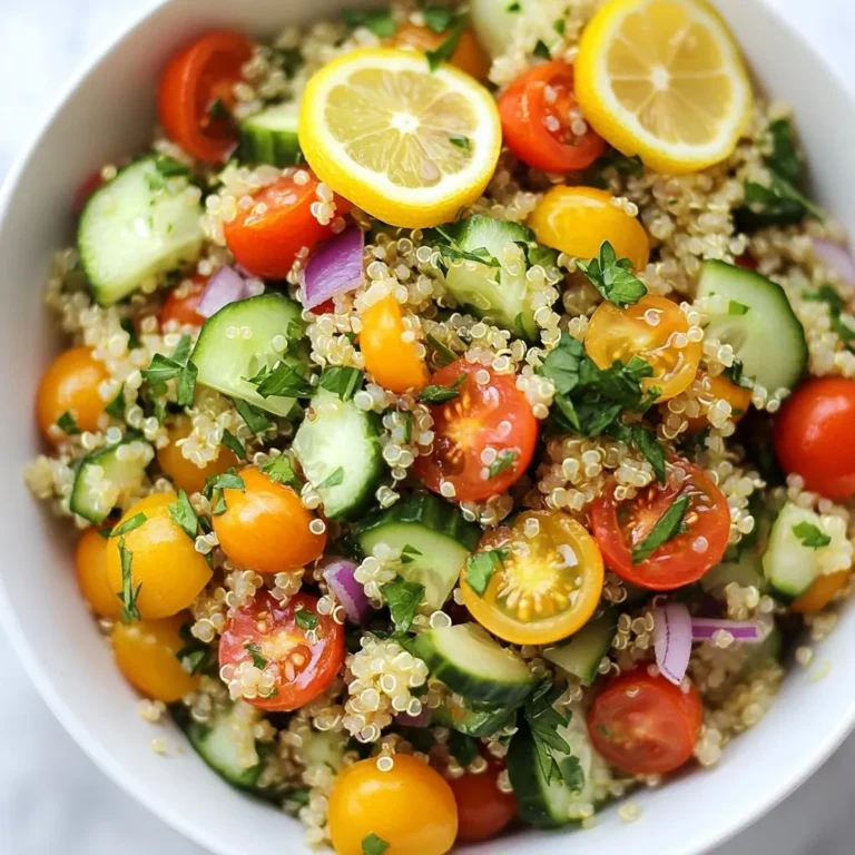 - 1 Tasse Quinoa, gut abgespült - 2 Tassen Gemüsebrühe - Saft und Abrieb von 1 Zitrone Quinoa ist die Basis dieses Rezepts. Sie hat eine nussige Note und viel Protein. Wir kochen die Quinoa in Gemüsebrühe, um den Geschmack zu verstärken. Der Zitronensaft und der Abrieb sorgen für Frische und eine angenehme Säure. - 1 Tasse Kirschtomaten, halbiert - 1/2 Gurke, gewürfelt - 1/4 Tasse rote Zwiebel, fein gehackt Kirschtomaten bringen Süße und Farbe in das Gericht. Die Gurke sorgt für Knackigkeit und Frische. Rote Zwiebel fügt einen milden Zwiebelgeschmack hinzu und macht den Salat lebendig. - 1/4 Tasse frische Petersilie, gehackt - 1/4 Tasse frische Minze, gehackt - Salz und Pfeffer nach Geschmack Petersilie ist klassisch und gibt einen frischen Geschmack. Die Minze bringt eine unerwartete, kühlende Note, die perfekt zu Zitrone passt. Salz und Pfeffer bringen die Aromen zusammen und machen den Salat würzig und lecker. {{ingredient_image_2}} - Schritt 1: Gib die abgespülte Quinoa und die Gemüsebrühe in einen Topf. - Schritt 2: Setze den Topf auf den Herd und bringe die Mischung zum Kochen. Reduziere die Hitze auf niedrig und decke den Topf ab. Lass die Quinoa 15 Minuten köcheln. Sie ist fertig, wenn sie fluffig ist und die Flüssigkeit aufgesogen hat. - Schritt 3: Während die Quinoa kocht, nimm eine kleine Schüssel. Vermische dort den Zitronensaft, den Zitronenabrieb, das Olivenöl, das Knoblauchpulver, Salz und Pfeffer. Rühre gut um und stelle die Vinaigrette beiseite. - Schritt 4: Wenn die Quinoa fertig ist, nimm den Topf vom Herd. Lass die Quinoa mit Deckel fünf Minuten ruhen. Danach lockere sie vorsichtig mit einer Gabel auf. - Schritt 5: In einer großen Schüssel kombinierst du die Quinoa mit Kirschtomaten, Gurke, roter Zwiebel, frischer Petersilie und frischer Minze. Gieße die Vinaigrette über den Quinoa-Salat und vermenge alles vorsichtig. Damit hast du ein frisches und gesundes Gericht, das lecker aussieht und schmeckt. Um die Quinoa richtig abzuspalten, spüle sie immer gut ab. Das entfernt Bitterstoffe. Nutze ein feines Sieb und kaltes Wasser. Spüle die Quinoa für etwa 2-3 Minuten. So schmeckt sie besser. Die optimale Kochzeit für Quinoa beträgt 15 Minuten. Lass die Mischung kochen und dann die Hitze reduzieren. Decke den Topf ab, damit die Quinoa fluffig wird. Nach dem Kochen lass sie 5 Minuten ruhen. Das macht sie noch lockerer. Um mehr Geschmack zu bekommen, füge zusätzliche Zutaten hinzu. Du kannst Feta-Käse oder Avocado verwenden. Beide bringen tolle Aromen in dein Gericht. Für eine würzige Note, probiere geröstete Nüsse oder Samen. Wenn du vegan oder glutenfrei kochen willst, ist Quinoa ideal. Sie enthält kein Gluten und ist sehr nahrhaft. Du kannst auch verschiedene Kräuter verwenden, wie Basilikum oder Koriander. Diese geben eine neue Geschmacksrichtung. Präsentation ist wichtig. Serviere den Quinoa-Salat in einer großen Schüssel. Garniere ihn mit Zitronenscheiben und frischen Kräutern. Für eine schicke Note kannst du den Salat in einzelnen Schalen anrichten. Lege einige Salatblätter hinein. Das sieht nicht nur gut aus, sondern schmeckt auch frisch. Pro Tipps Quinoa richtig kochen: Achte darauf, die Quinoa gut abzuspülen, um die Bitterstoffe zu entfernen. Dies sorgt für einen besseren Geschmack und eine angenehmere Textur. Frische Zutaten verwenden: Verwende frische Kräuter und Gemüse, um den Geschmack deines Salats zu intensivieren. Frische Zutaten machen einen erheblichen Unterschied in der Gesamtqualität des Gerichts. Vinaigrette anpassen: Experimentiere mit verschiedenen Kräutern und Gewürzen in der Vinaigrette, um den Geschmack nach deinem persönlichen Geschmack anzupassen. Ein Spritzer Honig kann auch eine süße Note hinzufügen. Den Salat kalt servieren: Lasse den Quinoa-Salat vor dem Servieren etwas abkühlen oder sogar im Kühlschrank durchziehen. Das verbessert die Aromen und macht den Salat erfrischender. {{image_4}} Um deinen Lemon Herb Quinoa noch besser zu machen, kannst du einige Extras hinzufügen. Probiere Avocado oder Feta Käse für einen cremigen Geschmack. Sie geben dem Gericht eine tolle Textur. Nüsse oder Samen bringen einen knackigen Crunch. Mandeln oder Sonnenblumenkerne sind gute Optionen. Sie machen deinen Salat noch spannender. Du kannst die Aromen ganz leicht ändern. Verwende andere Zitrusfrüchte wie Limetten oder Orangen. Das bringt neue Frische. Auch andere Kräuter oder Gewürze sind möglich. Basilikum oder Koriander geben eine andere Note. Experimentiere mit Knoblauch oder Chili für mehr Würze. Lemon Herb Quinoa passt gut zu vielen Hauptgerichten. Du kannst ihn zu gegrilltem Hähnchen oder Fisch servieren. Auch Gemüsegerichte sind eine gute Wahl. Probiere ihn mit einer bunten Gemüsepasta oder als Beilage zu Tacos. So wird deine Mahlzeit abwechslungsreich und lecker. - Haltbarkeit: Gekochte Quinoa hält sich im Kühlschrank etwa 3 bis 5 Tage. - Tipps zur Frischebewahrung: Bewahre die Quinoa in einem luftdichten Behälter auf. So bleibt sie frisch und lecker. Achte darauf, dass die Quinoa gut abgekühlt ist, bevor du sie in den Kühlschrank stellst. - Wie man Quinoa richtig einfriert: Um Quinoa einzufrieren, lasse sie zuerst vollständig abkühlen. Fülle die Quinoa in einen Gefrierbeutel. Drücke die Luft heraus und verschließe den Beutel gut. Du kannst die Quinoa auch in Portionen einfrieren, um sie später einfacher zu verwenden. - Auftauen und Verwendung: Zum Auftauen lege die Quinoa einfach in den Kühlschrank für einige Stunden oder über Nacht. Du kannst sie auch in der Mikrowelle erwärmen. Füge etwas Wasser hinzu, damit sie nicht austrocknet. - Neues Gericht aus Resten zubereiten: Verwandle die Reste in einen leckeren Auflauf. Mische die Quinoa mit Gemüse, Käse und etwas Sahne. Backe alles im Ofen, bis es goldbraun ist. - Vorspeisenideen: Verwende die Quinoa-Reste für kleine Häppchen. Mische sie mit schwarzem Bohnen und Gewürzen. Forme kleine Bällchen und brate sie in einer Pfanne. So hast du gesunde Snacks für deine Gäste. Gekochte Quinoa hält sich gut im Kühlschrank. Du kannst sie bis zu fünf Tage aufbewahren. Packe sie in einen luftdichten Behälter. So bleibt sie frisch und lecker. Wenn du länger aufbewahren möchtest, friere die Quinoa ein. Hierbei bleibt sie bis zu drei Monate haltbar. Ja, Quinoa ist glutenfrei. Das macht sie ideal für Menschen mit Glutenunverträglichkeit. Quinoa ist eine tolle Alternative zu Weizen und anderen glutenhaltigen Getreiden. Sie hat auch eine hohe Nährstoffdichte. Ja, du kannst die Zitrone ersetzen. Limetten oder Orangen passen auch gut. Diese Früchte geben deinem Quinoa-Gericht eine andere, aber leckere Note. Experimentiere mit verschiedenen Zitrusfrüchten für neue Geschmäcker. Quinoa ist sehr gesund. Sie hat mehr Protein als viele andere Getreidearten. Außerdem enthält sie viele Ballaststoffe, Vitamine und Mineralien. Quinoa hat auch gesunde Fette und wenig Zucker. Diese Vorteile machen sie zu einer großartigen Wahl für eine ausgewogene Ernährung. Du hast viel über die Zubereitung von Quinoa gelernt. Wir haben die Hauptzutaten, frische Zutaten und Kräuter besprochen. Die Schritt-für-Schritt-Anleitung zeigt dir, wie du Quinoa perfekt zubereitest. Tipps helfen dir, Variationen anzupassen und das Gericht schön anzurichten. Quinoa ist nicht nur gesund, sondern auch vielseitig. Nutze die Lagerungstipps, um dein Gericht frisch zu halten. Mit diesen Informationen kannst du Quinoa sicher genießen. Probiere verschiedene Kombinationen aus. Viel Spaß beim Kochen!