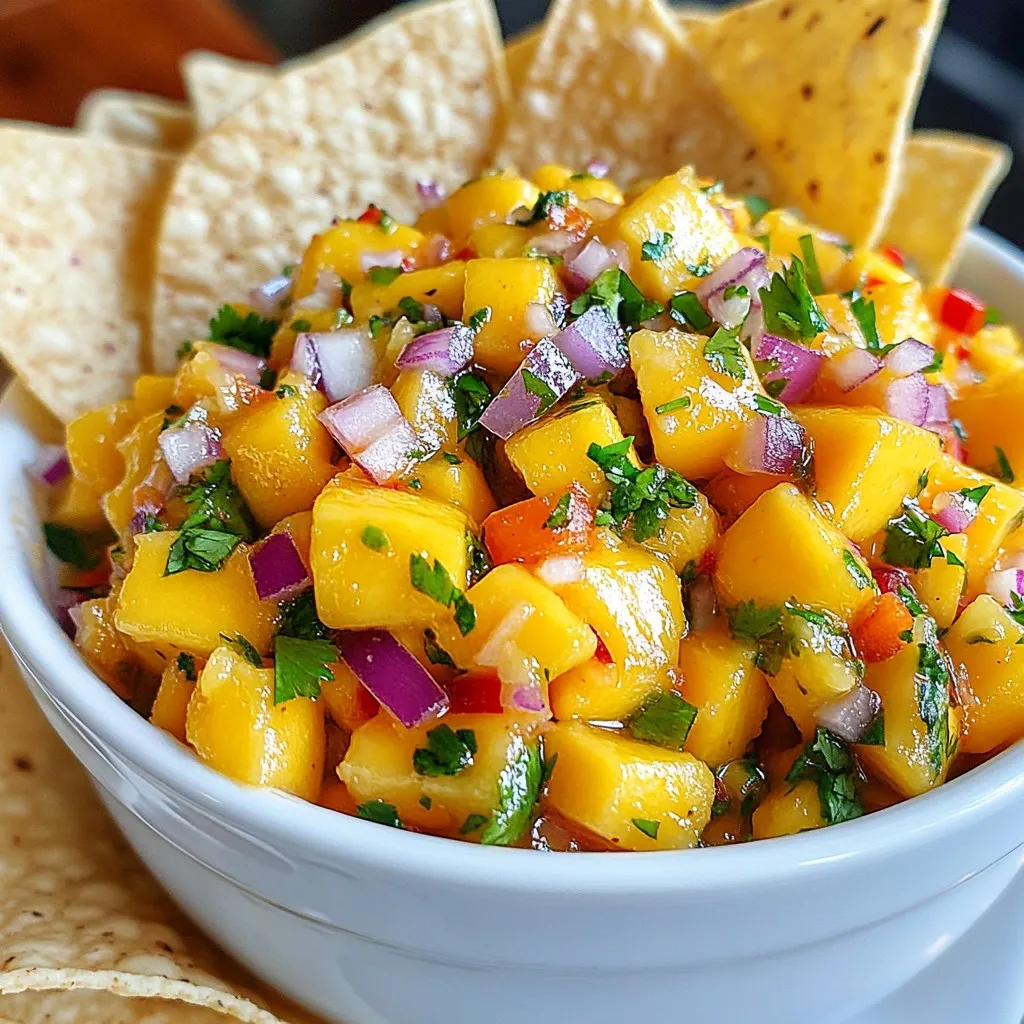 Für diese Salsa brauche ich einige frische und leckere Zutaten: - 2 reife Mangos, gewürfelt - 2 Habanero-Paprika, fein gehackt (Kerne entfernt für weniger Schärfe) - 1 kleine rote Zwiebel, fein gewürfelt - 1/2 Tasse frischer Koriander, grob gehackt - Saft von 2 Limetten - 1 Knoblauchzehe, fein gehackt - Salz nach Geschmack Diese Zutaten sind der Schlüssel zu einem tollen Geschmack. Die süße Mango bringt Frische, während die Habanero-Paprika für die nötige Schärfe sorgt. Neben den Hauptzutaten kann ich noch einige zusätzliche Geschmacksgeber hinzufügen. Ich empfehle, einen Spritzer Olivenöl für einen reicheren Geschmack zu verwenden. Auch eine Prise Zucker kann helfen, die Schärfe auszugleichen. Um die Salsa zu machen, brauche ich einige einfache Utensilien: - Eine mittelgroße Schüssel - Ein scharfes Messer für das Schneiden - Ein Schneidebrett - Ein Zitruspresse für die Limetten Diese Ausrüstung macht die Zubereitung leicht und schnell. Es ist wichtig, alles gut vorbereitet zu haben, damit das Kochen Spaß macht. {{ingredient_image_2}} Beginne mit zwei reifen Mangos. Würfle sie in kleine Stücke. Nimm nun zwei Habanero-Paprika. Schneide sie fein und entferne die Kerne, wenn du weniger Schärfe magst. Gib die Mangostücke in eine mittelgroße Schüssel. Füge die gehackten Habaneros dazu. Habaneros sind sehr scharf. Trage Handschuhe, wenn du sie schneidest. Wasche deine Hände nach dem Umgang mit Habaneros gründlich. Vermeide es, dein Gesicht zu berühren. Die Schärfe kann unangenehm sein. Jetzt kommt die rote Zwiebel. Schneide sie klein und gib sie in die Schüssel. Füge frischen Koriander hinzu. Presse den Saft von zwei Limetten über die Mischung. Das gibt einen frischen Geschmack. Hacke eine Knoblauchzehe und füge sie hinzu. Würze die Salsa mit Salz nach Geschmack. Mische alles sanft, damit die Mangos ganz bleiben. Lass die Salsa mindestens 30 Minuten im Kühlschrank ruhen. So vermischen sich die Aromen gut. Um den Geschmack der Salsa zu perfektionieren, starte mit frischen Zutaten. Reife Mangos bringen Süße und Tiefe. Verwende saftige Limetten für den besten Geschmack. Lass die Salsa mindestens 30 Minuten im Kühlschrank ruhen. So verbinden sich die Aromen gut. Schmecke die Salsa vor dem Servieren ab. So kannst du die Gewürze nach deinem Geschmack anpassen. Die Habaneros bringen viel Schärfe. Entferne die Kerne, um die Schärfe zu mildern. Wenn du es weniger scharf magst, verwende nur eine Habanero. Probiere die Mischung beim Mischen. Du kannst mehr oder weniger Habanero hinzufügen. Jeder hat einen anderen Geschmack, also finde deinen perfekten Punkt. Achte darauf, die Mangos nicht zu zerdrücken. Schneide sie in gleichmäßige Würfel. Die Zwiebel sollte auch fein gewürfelt sein. Dadurch bleibt die Salsa frisch und knusprig. Mische die Zutaten vorsichtig in der Schüssel. Verwende einen großen Löffel, um alles gut zu vermengen. So erhältst du die beste Textur für deine Salsa. Pro Tipps Wählen Sie reife Mangos: Um die beste Süße und Textur zu erhalten, wählen Sie reife Mangos, die bei leichtem Druck nachgeben. Habaneros vorsichtig behandeln: Tragen Sie Handschuhe, wenn Sie mit Habaneros arbeiten, um Hautreizungen zu vermeiden, und waschen Sie Ihre Hände gründlich danach. Aromen entfalten lassen: Lassen Sie die Salsa nach der Zubereitung im Kühlschrank ruhen, damit sich die Aromen optimal verbinden können. Varianz in der Schärfe: Wenn Sie eine mildere Salsa möchten, entfernen Sie die Kerne der Habaneros, da sie die schärfsten Teile sind. {{image_4}} Um die Salsa zu verändern, können Sie weitere Zutaten hinzufügen. Zum Beispiel, fügen Sie Ananas für eine süßere Note hinzu. Oder probieren Sie eine kleine Menge Paprika für mehr Farbe. Wenn Sie Knoblauch mögen, können Sie mehr verwenden. Diese Zutaten geben der Salsa neue Geschmäcker und machen sie interessanter. Wenn Sie eine milde Salsa wünschen, lassen Sie die Habaneros weg oder nutzen Sie milde Paprika. Sie können auch Gurken oder Avocado hinzufügen. Diese Zutaten sorgen für eine cremigere Textur. Ein Spritzer Apfelessig kann auch helfen, den Geschmack zu mildern, ohne die Frische zu verlieren. Variieren Sie die Früchte, um neue Geschmäcker zu entdecken. Papaya oder Pfirsiche passen gut zu Mango. Sie bringen eine andere Süße. Auch Kiwi oder Erdbeeren sind interessante Alternativen. Diese Früchte bieten tolle Kombis und sorgen für eine frische Note in der Salsa. Du solltest die Salsa in einem luftdichten Behälter aufbewahren. Der Kühlschrank ist ideal. So bleiben die Aromen frisch. Stelle sicher, die Salsa gut abzudecken. Dies verhindert, dass sie andere Gerüche aufnimmt. Die Salsa hält sich im Kühlschrank etwa 3 bis 5 Tage. Nach dieser Zeit kann der Geschmack schwächer werden. Achte darauf, sie regelmäßig zu überprüfen. Wenn sie seltsam riecht oder sich verändert, wirf sie weg. Wenn du mehr Salsa hast, kannst du sie einfrieren. Fülle die Salsa in einen gefrierfesten Behälter. Lass etwas Platz, da sich die Salsa beim Gefrieren ausdehnt. So bleibt sie bis zu 3 Monate frisch. Beim Auftauen, stelle die Salsa einfach über Nacht in den Kühlschrank. So bleibt der Geschmack gut. Die Spicy Mango Habanero Salsa bleibt frisch für etwa 3 bis 5 Tage im Kühlschrank. Achte darauf, die Salsa in einem luftdichten Behälter zu lagern. So bleibt sie länger lecker. Nach ein paar Tagen kann die Salsa weicher werden. Der Geschmack bleibt aber meist gut. Ja, du kannst die Habaneros durch mildere Paprika ersetzen. Verwende zum Beispiel Jalapeños oder Paprika ohne Schärfe. So wird die Salsa weniger scharf, aber immer noch lecker. Wenn du etwas mehr Geschmack möchtest, füge mehr Zwiebel oder Knoblauch hinzu. Diese Salsa passt zu vielen Gerichten. Du kannst sie mit Tortilla-Chips servieren. Auch zu gegrilltem Fleisch oder Fisch ist sie toll. Verwende die Salsa als Topping für Tacos oder Burritos. Sie bringt frische und Würze in jedes Gericht. Die köstliche Mango Habanero Salsa kombiniert frische Zutaten und spannende Aromen. Du hast gelernt, wie du die Hauptzutaten auswählst und die richtige Ausrüstung nutzt. Wir haben Schritt für Schritt gezeigt, wie du die Mischung zubereitest und der Hitze der Habaneros begegnest. Außerdem gab es wertvolle Tipps zur Anpassung des Geschmacks und der Konsistenz. Jetzt bist du bereit, deine Salsa zu perfektionieren und sie nach deinem Geschmack zu variieren. Mit diesen Lagerungshinweisen bleibt deine Salsa frisch. Experimentiere und genieße jede Löffelspannung!